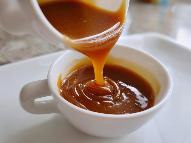 Close-up of thick, glossy caramel sauce being poured from a white vessel into a small white cup.