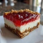 Close-up of a layered slice of pretzel salad featuring a crust, cream cheese layer, and bright red strawberry gelatin topping.
