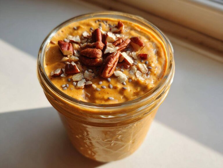 Close-up of pumpkin pie overnight oats topped with pecans, oats, and chia seeds in a glass jar.