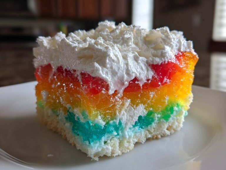 A vibrant, layered slice of jello poke cake featuring rainbow gelatin layers and a thick whipped cream topping on a white plate.