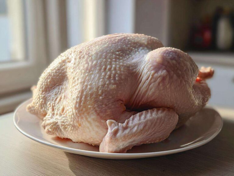 A raw, whole turkey resting on a white plate, ready for the turkey brine process.