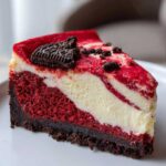 Close-up of a rich slice of red velvet cheesecake swirled with cream cheese filling and topped with a chocolate cookie.