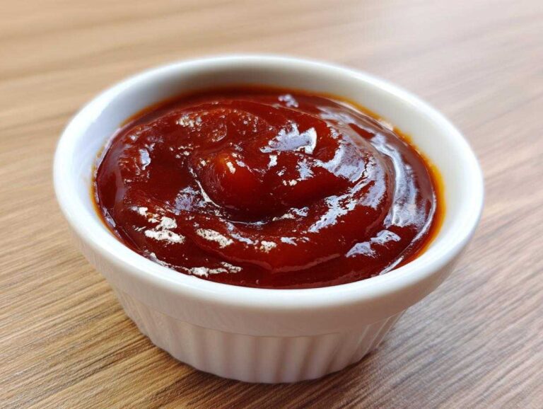 Close-up of thick, glossy homemade bbq sauce served in a small white dipping bowl on a wooden surface.
