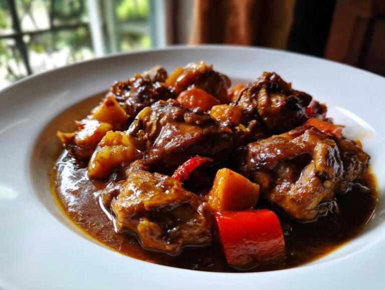 Close-up of rich, dark brown stew chicken pieces with chunks of potatoes and red peppers in a savory sauce.
