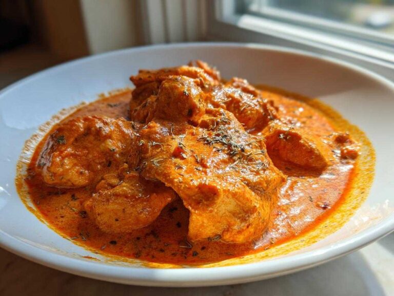Close-up of tender chicken pieces swimming in a vibrant orange, creamy sauce, garnished with herbs, representing the best butter chicken.