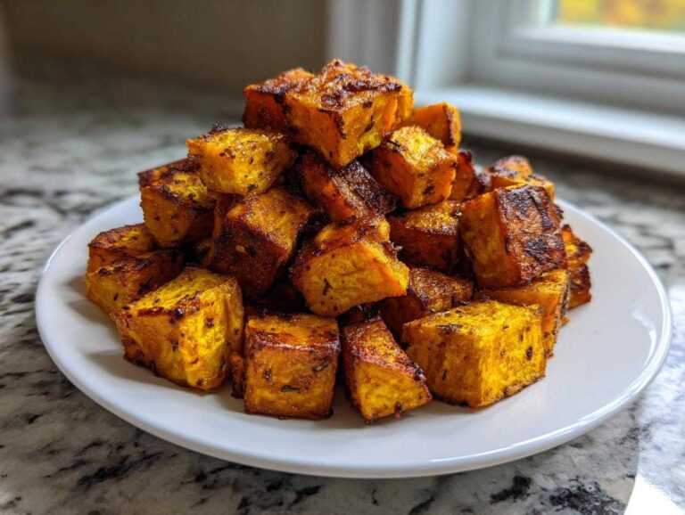 A pile of perfectly seasoned and caramelized roasted sweet potatoes cubes on a white plate.