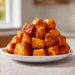 A mound of perfectly seasoned and caramelized roasted sweet potatoes cubes piled high on a white plate.