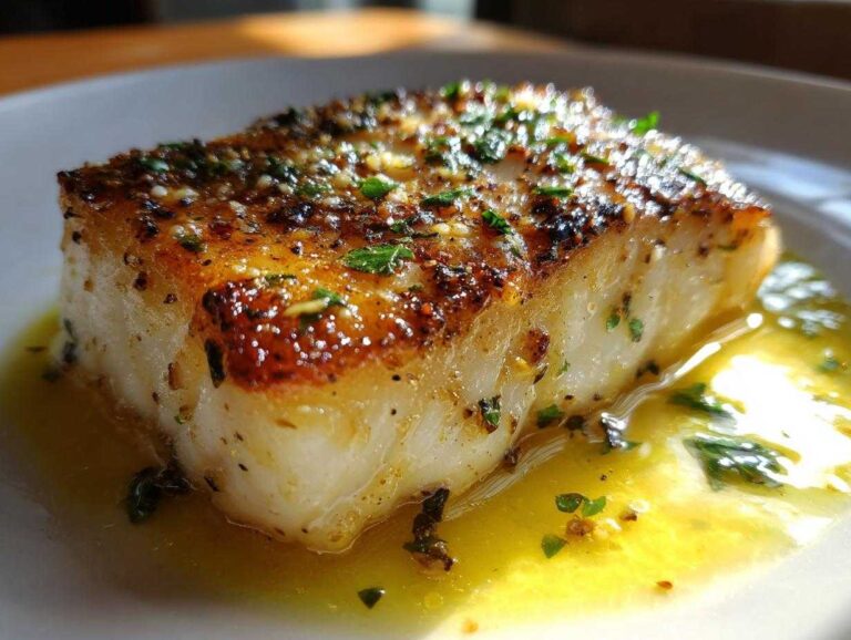 Close-up of a thick, perfectly seared chilean sea bass recipe fillet resting in bright yellow lemon-herb butter sauce.