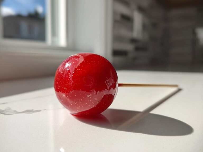 A single, perfectly glossy red candy apple resting on a white surface, showing its shiny coating.