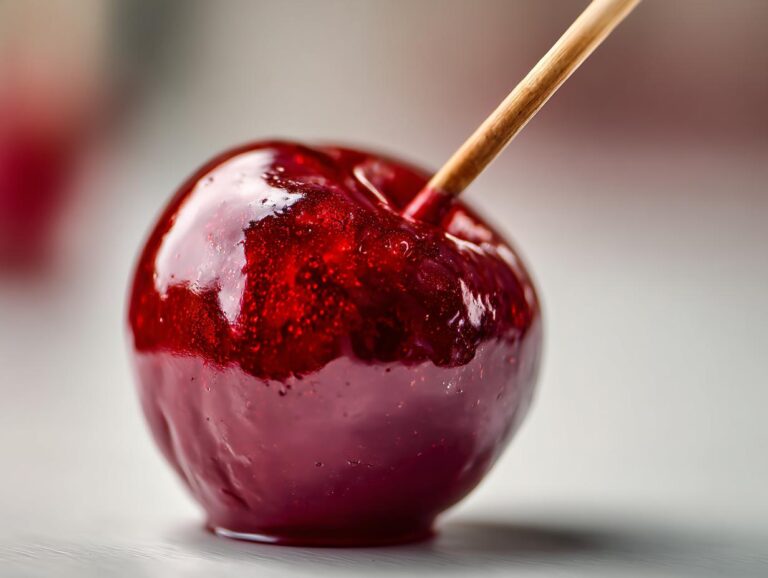 Close-up of a vibrant, glossy red candy apple coated in shimmering sugar glaze with a wooden stick inserted.