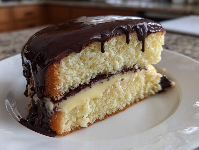 A cross-section slice of boston cream pie showing yellow cake, vanilla custard filling, and dripping chocolate ganache.