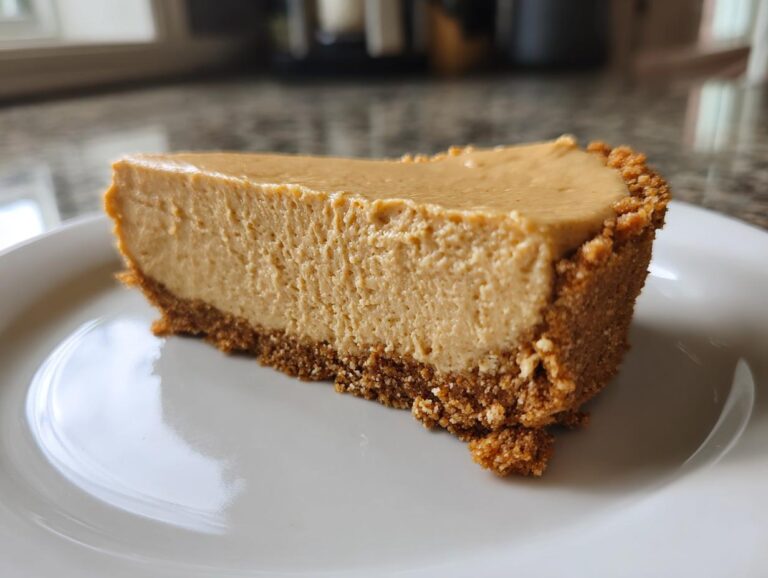 A thick slice of creamy peanut butter pie with a graham cracker crust on a white plate.