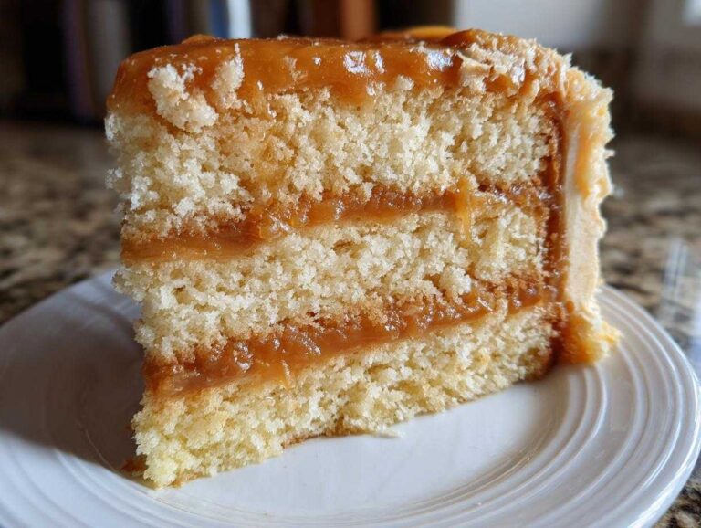 Close-up of a moist slice of layered caramel cake recipe with thick caramel filling.