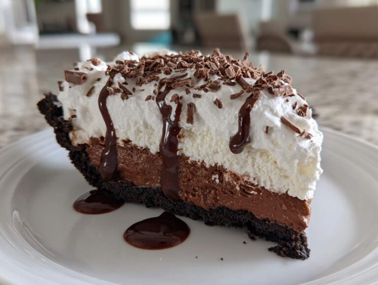 A decadent slice of Mississippi Mud Pie featuring a dark crust, chocolate filling, whipped cream, and chocolate shavings.