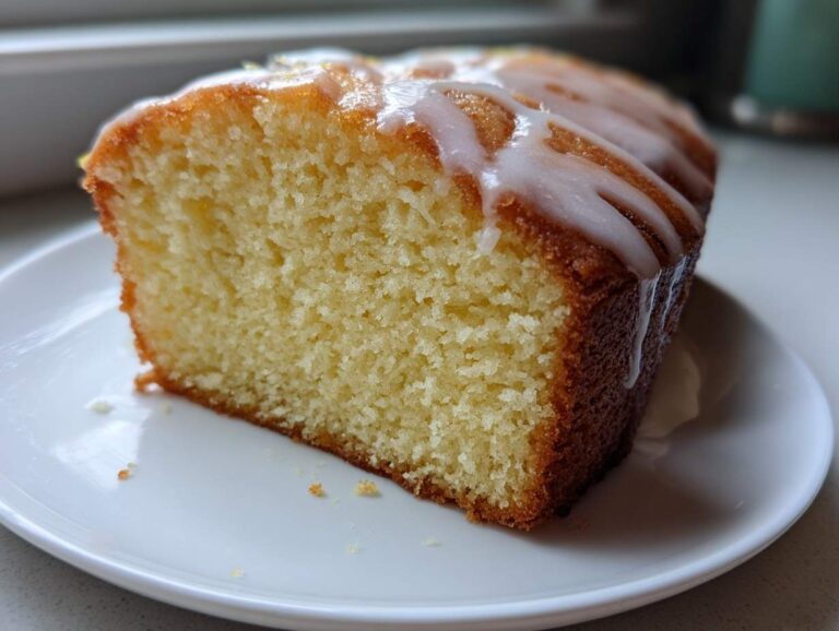 Close-up of a moist slice of olive oil cake with a bright yellow crumb and a white lemon glaze drizzled on top.