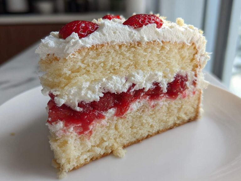 Close-up of a slice of strawberry shortcake cake showing layers of sponge cake, whipped cream, and strawberry filling.