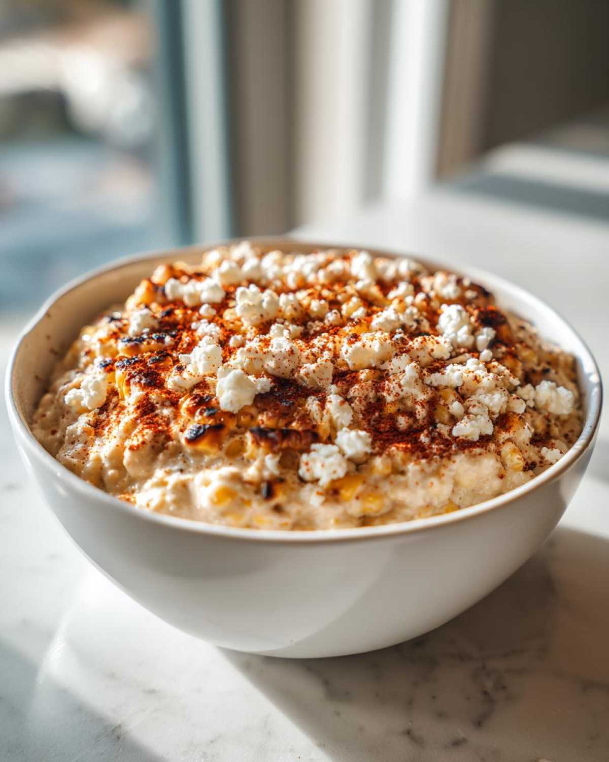 A close-up of a creamy mexican street corn dip topped with cotija cheese crumbles and chili powder.