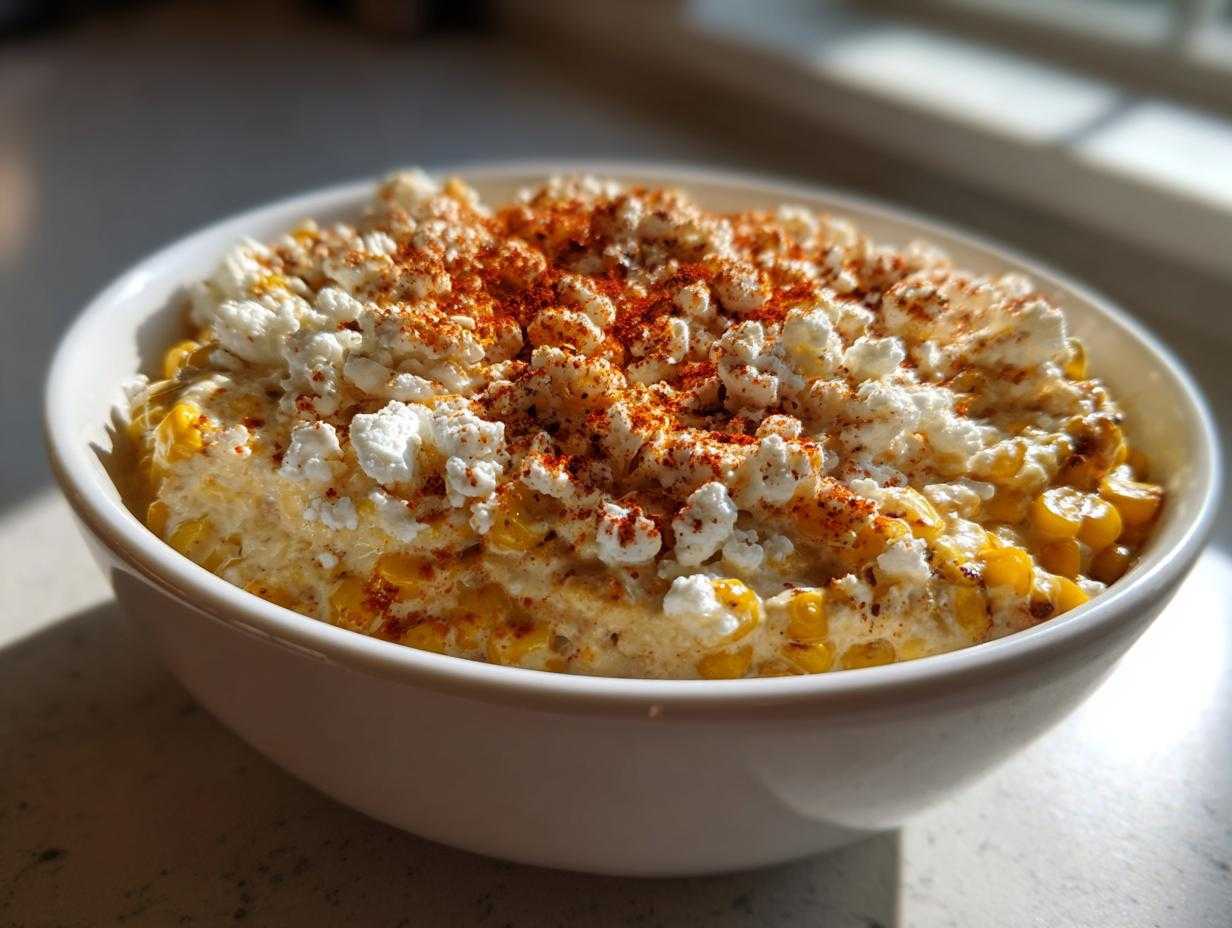 A close-up of creamy, cheesy mexican street corn dip topped with crumbled white cheese and paprika in a white bowl.