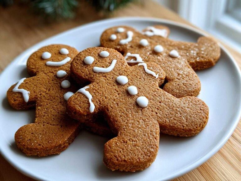 Close-up of soft gingerbread cookies decorated with simple white icing smiles and buttons.
