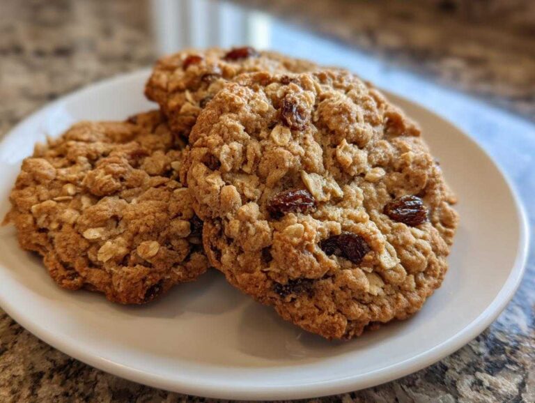 Close-up of three soft oatmeal raisin cookies stacked slightly on a white plate.