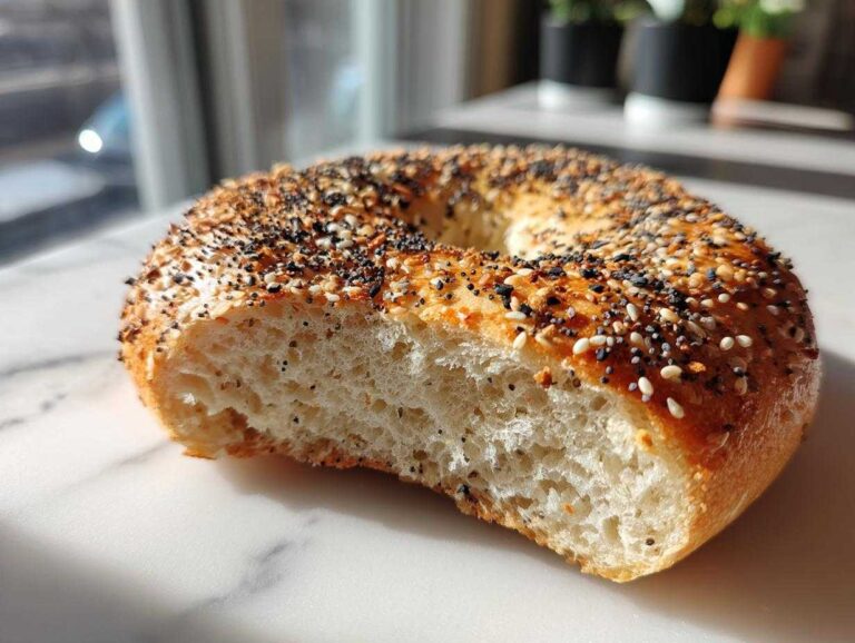 A close-up, cross-section view of an everything sourdough discard bagel showing the airy interior crumb and shiny, seeded crust.