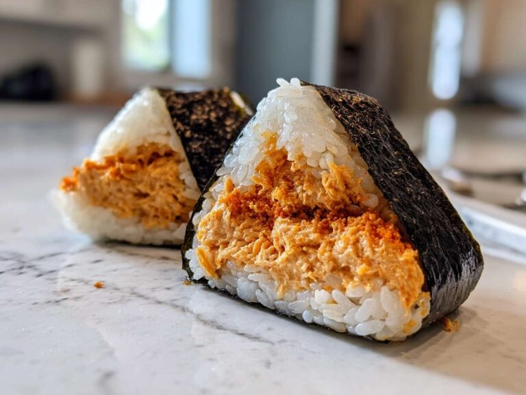 Two triangular tuna onigiri cut in half showing the spicy orange tuna filling inside the white rice and wrapped with nori.