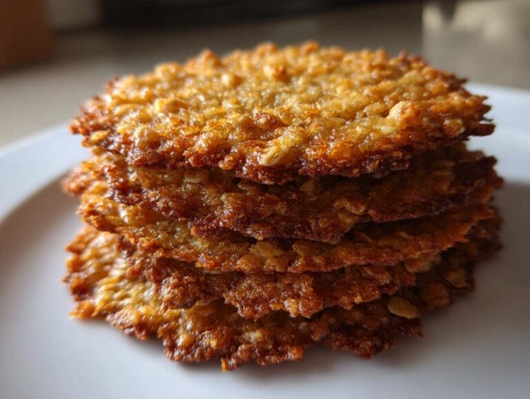 A close-up stack of four golden brown, crispy oatmeal lace cookies on a white plate.