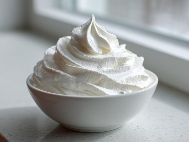 A close-up of stiff, bright white peaks of perfect royal icing recipe mixture in a small white bowl.