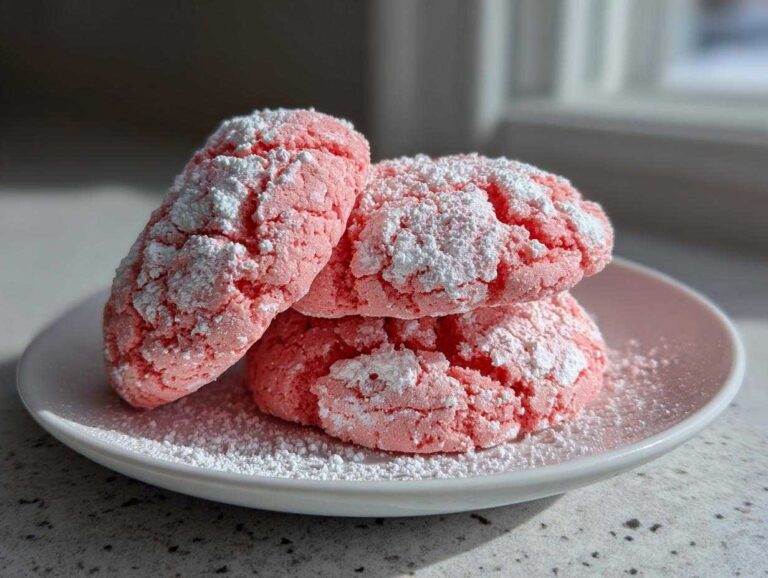 Three bright pink strawberry cake mix cookies heavily coated in white powdered sugar, stacked on a small white plate.