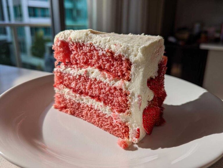 A tall slice of pink strawberry cake with white frosting layers, served on a white plate.