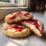 Close-up of strawberry cheesecake cookies, one broken in half showing creamy filling and strawberry swirl.