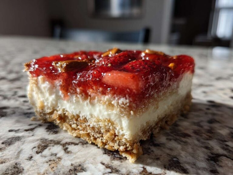 Close-up of a single serving slice of strawberry pretzel salad showing the pretzel crust, cream cheese layer, and strawberry topping.