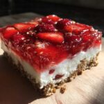 Close-up of a perfect square slice of strawberry pretzel salad showing three distinct layers.
