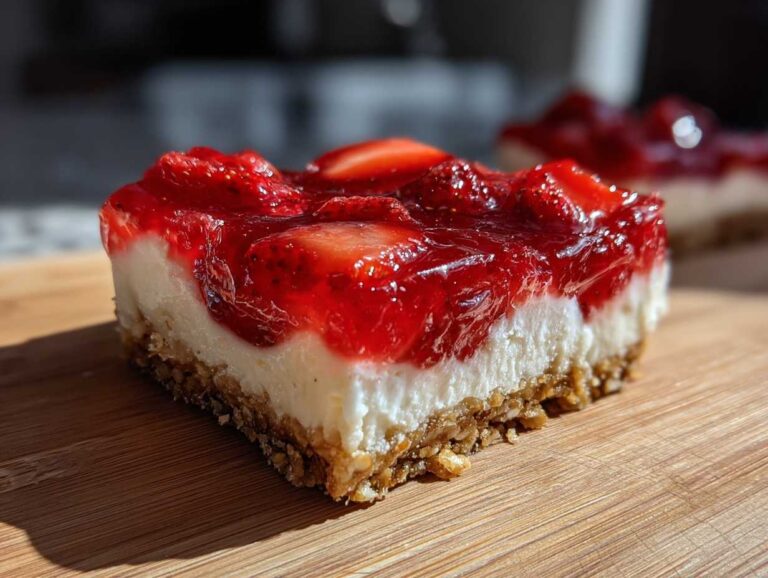 A perfect slice of strawberry pretzel salad showing the three distinct layers: crust, cream cheese, and strawberry topping.