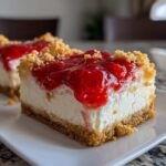 Close-up of a rich slice of strawberry shortcake cheesecake on a white plate, featuring a graham cracker crust and strawberry topping.