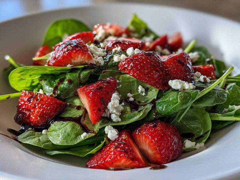 A close-up of a fresh spinach salad topped with sliced strawberries, crumbled feta cheese, and balsamic glaze.