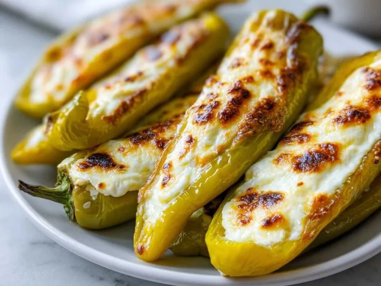 Close-up of baked stuffed banana peppers topped with melted, browned cheese.