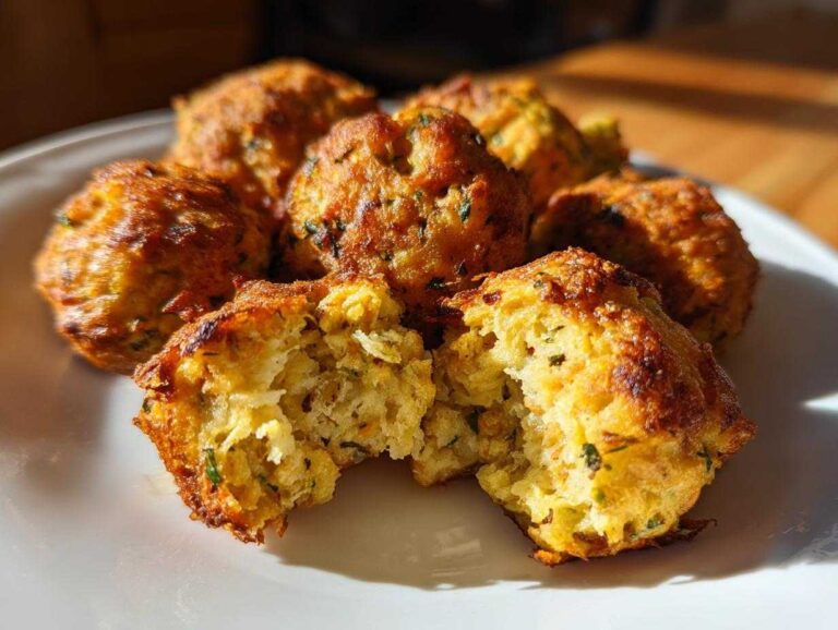 Close-up of golden brown stuffing balls, one split open showing the fluffy interior.