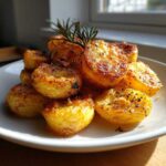 A close-up of perfectly cooked, golden brown roast potatoes seasoned with herbs, garnished with rosemary.