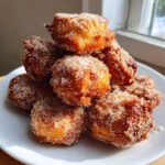 A close-up stack of golden brown, deep-fried buñuelos generously coated in granulated sugar.