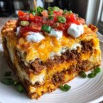 A thick slice of layered taco pie filled with seasoned ground beef and cheese, topped with salsa, sour cream, and green onions.