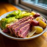 A plate featuring tender, sliced corned beef and cabbage with boiled potatoes.