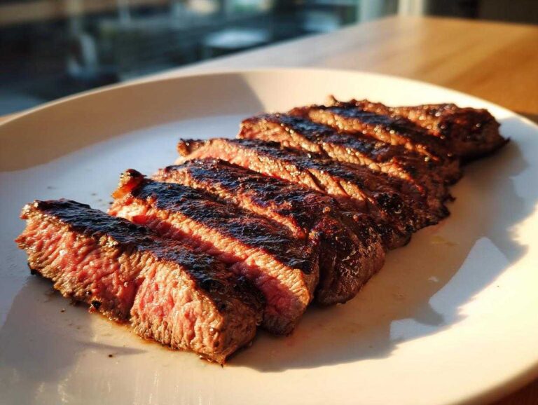 Close-up of perfectly medium-rare skirt steak, sliced against the grain, showing a dark sear.