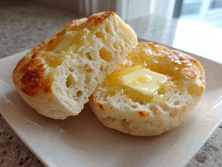 Close-up of a toasted english muffin split open, showing nooks and crannies filled with melting butter.