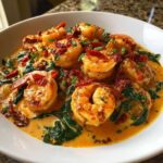 A close-up view of creamy Tuscan shrimp served in a white bowl with spinach and sun-dried tomatoes.