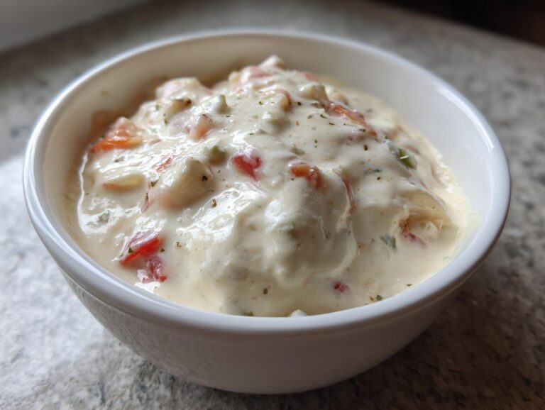 Close-up of a thick, creamy cheese dip mixed with visible chunks of red and green peppers in a white bowl.