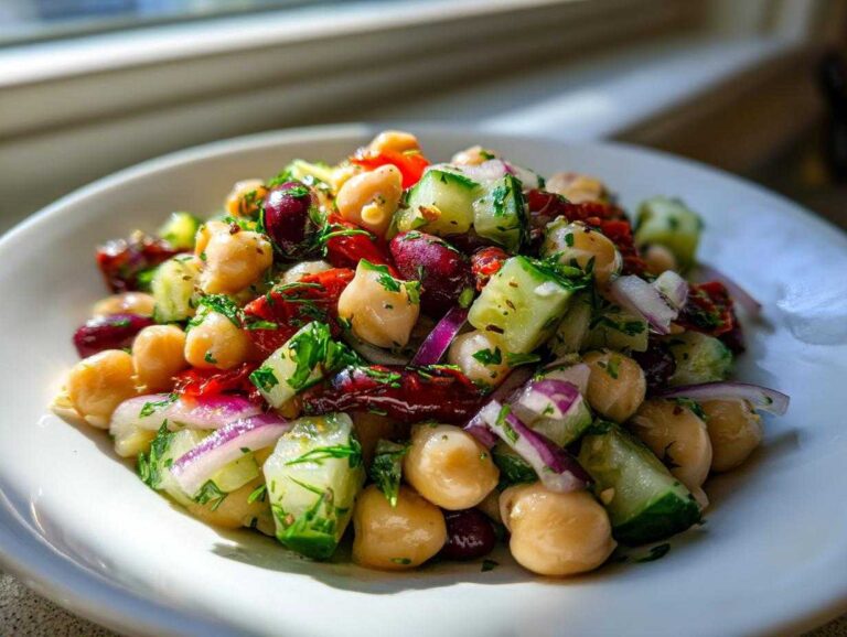 Close-up of a vibrant dense bean salad featuring chickpeas, red kidney beans, cucumber, and red onion.