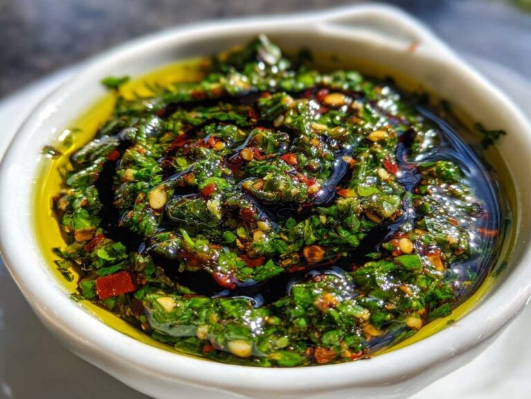 Close-up of a vibrant, herbaceous olive oil bread dip with visible chili flakes and balsamic vinegar.