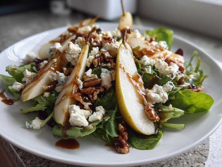 Close-up of a vibrant pear salad featuring sliced pears, blue cheese crumbles, pecans, and a balsamic glaze over mixed greens.