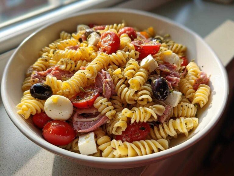 A close-up shot of a white bowl filled with vibrant italian pasta salad featuring rotini, cherry tomatoes, olives, and mozzarella.